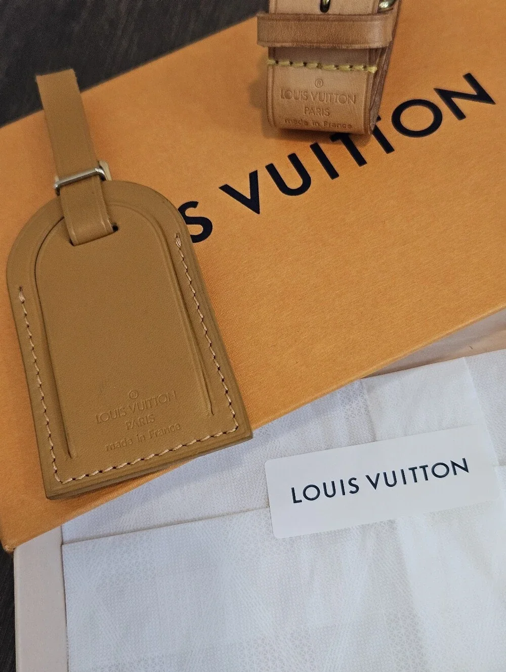 Louis Vuitton Vachetta Leather Luggage Tag + Handle Keeper Set w/ Box Vintage